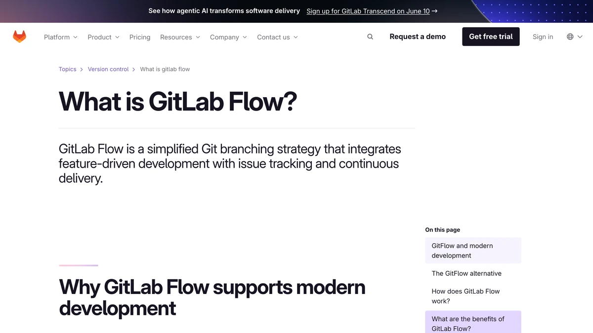 GitLab implements the environment-based GitLab Flow with built-in CI/CD.