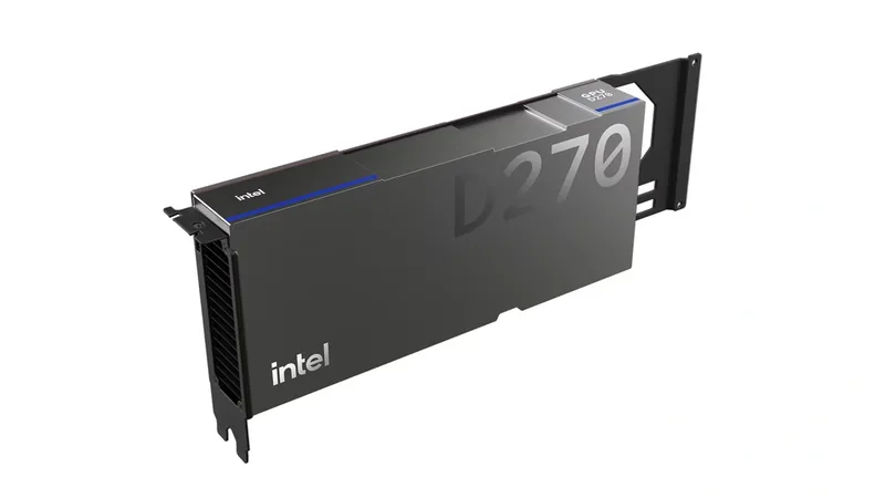 Intel GPU D-Series accelerator card in a dark gray shroud with a blue stripe, shown at an angle on a white background