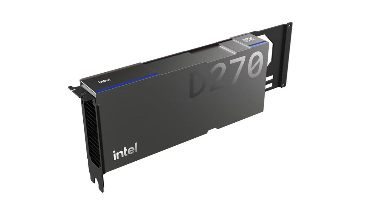Intel GPU D-Series accelerator card in a dark gray shroud with a blue stripe, shown at an angle on a white background