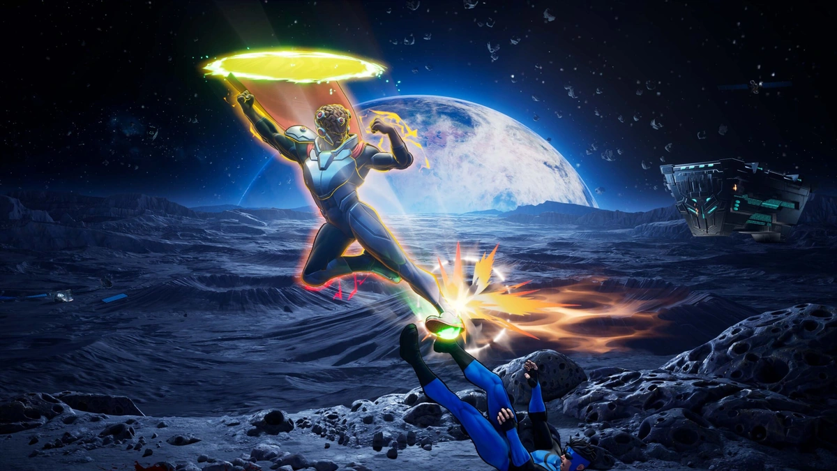 Invincible VS artwork from Skybound Games of two fighters above a lunar landscape with a large planet behind