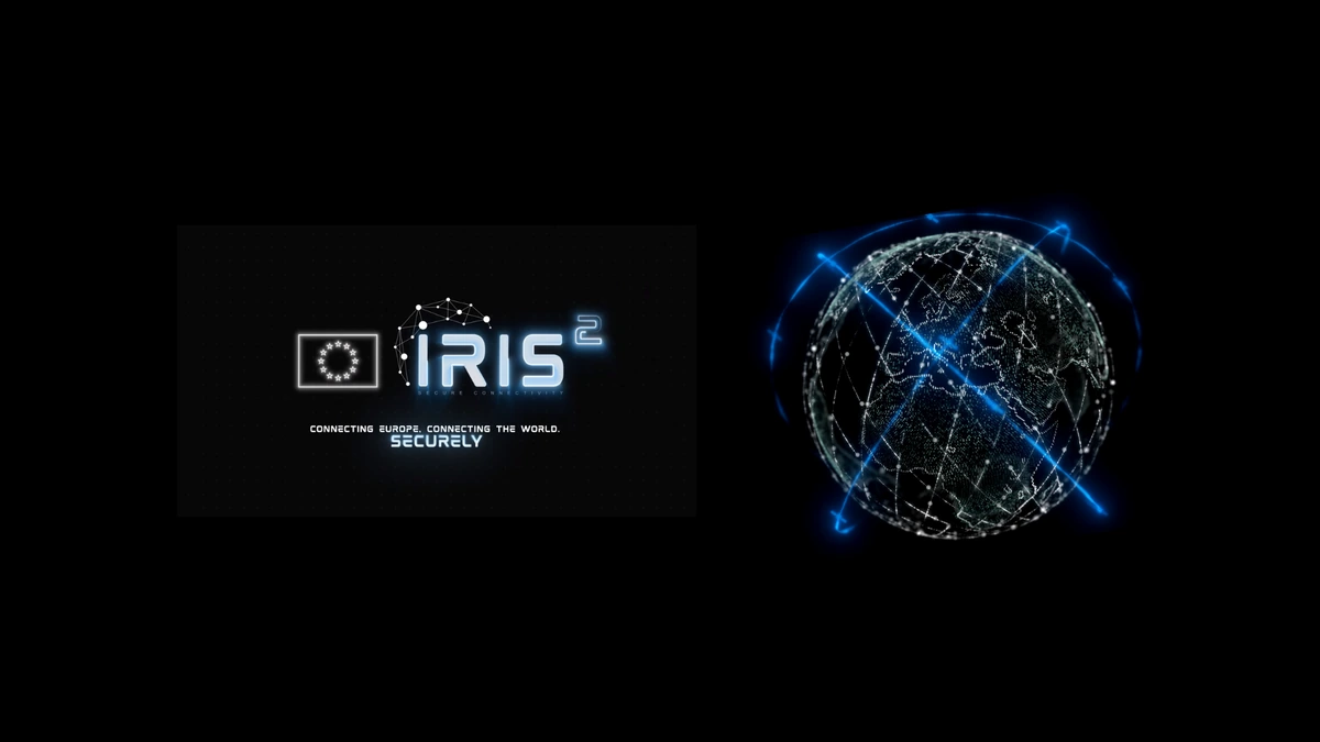 IRIS2 wordmark and stylised globe logo on a black background