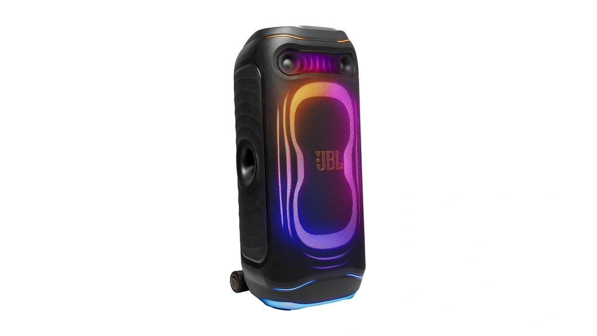 JBL PartyBox Ultimate 2 black party speaker with a colorful glowing light panel on its front