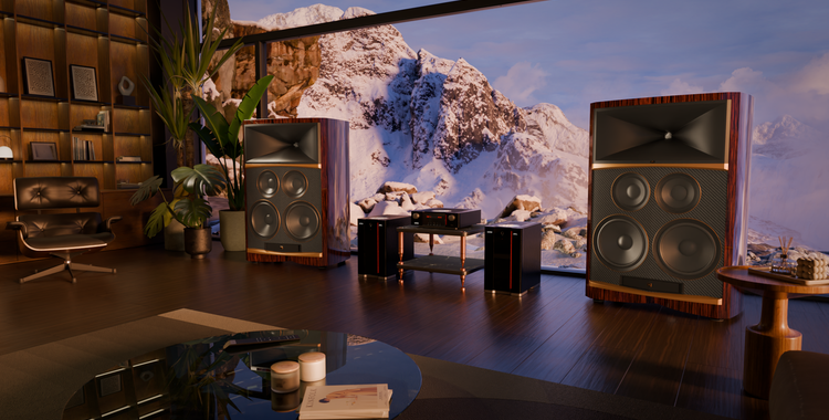 JBL loudspeakers in a luxury room with a bookshelf, overlooking a snowy mountain landscape