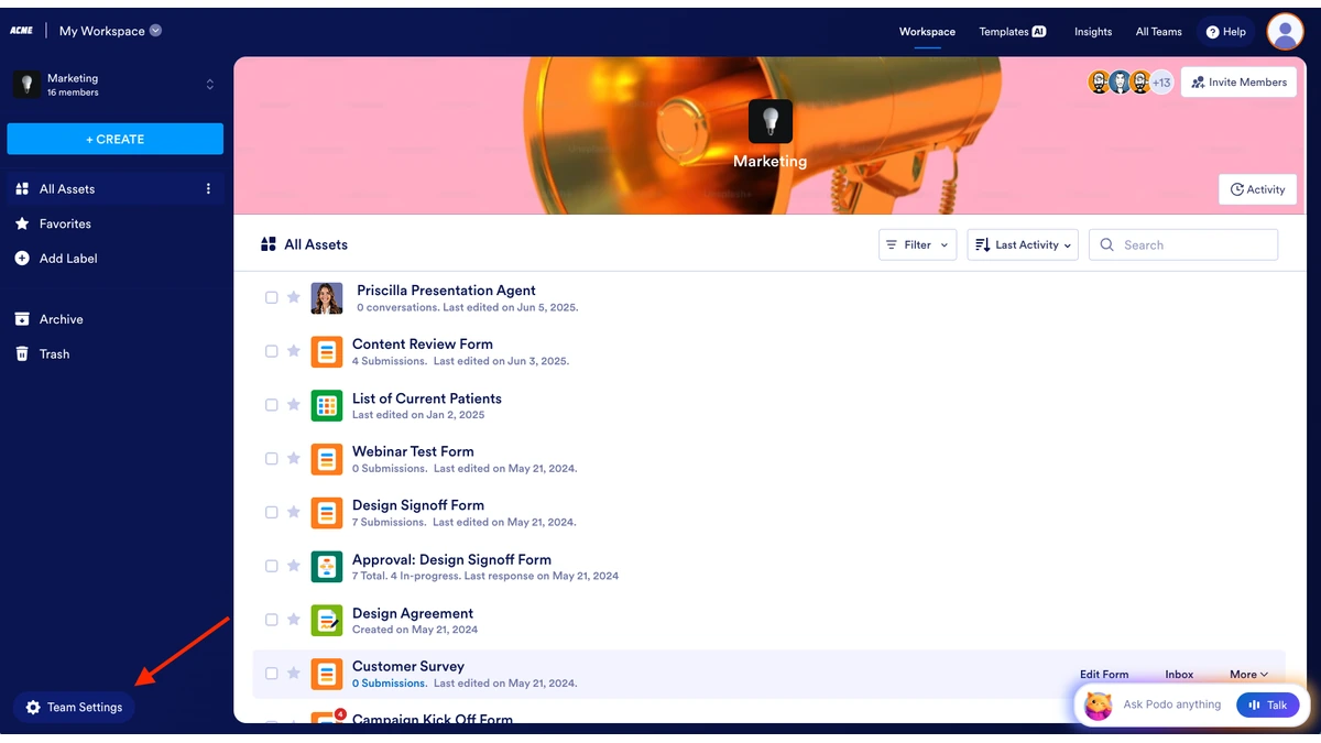Jotform Enterprise workspace listing team assets with the Team Settings control highlighted