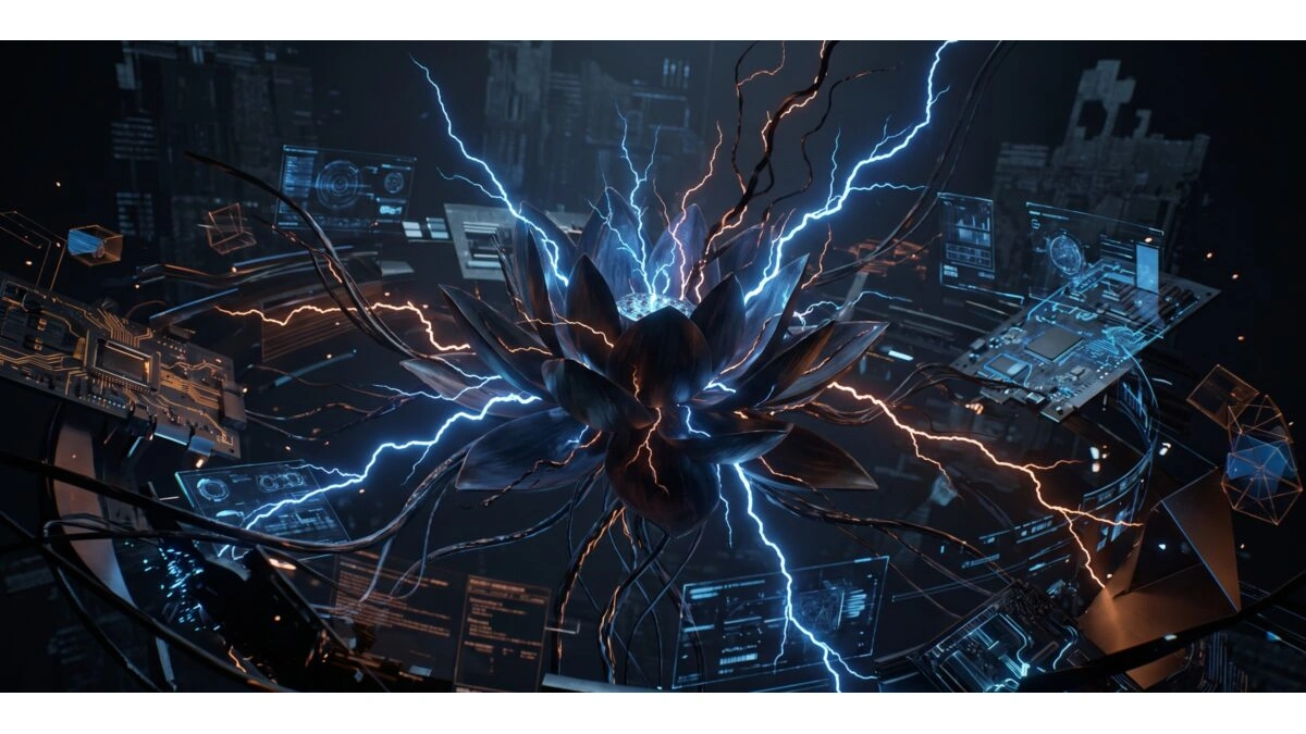 BlackX bootkit artwork: a dark lotus flower with lightning arcs among circuit boards and holographic panels