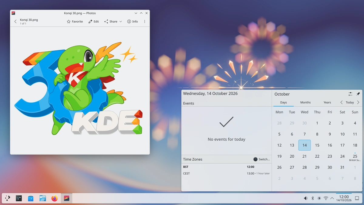KDE Plasma 6.8 desktop with the calendar widget open and a Konqi mascot window