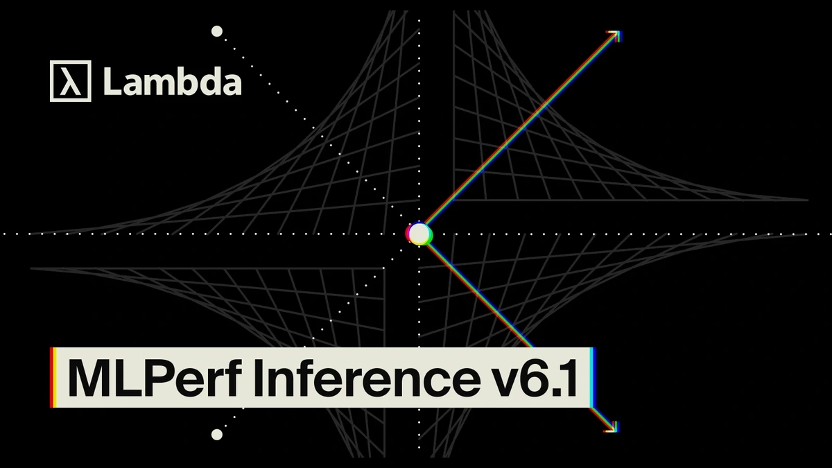 Lambda wordmark above an abstract wireframe graphic titled MLPerf Inference v6.1