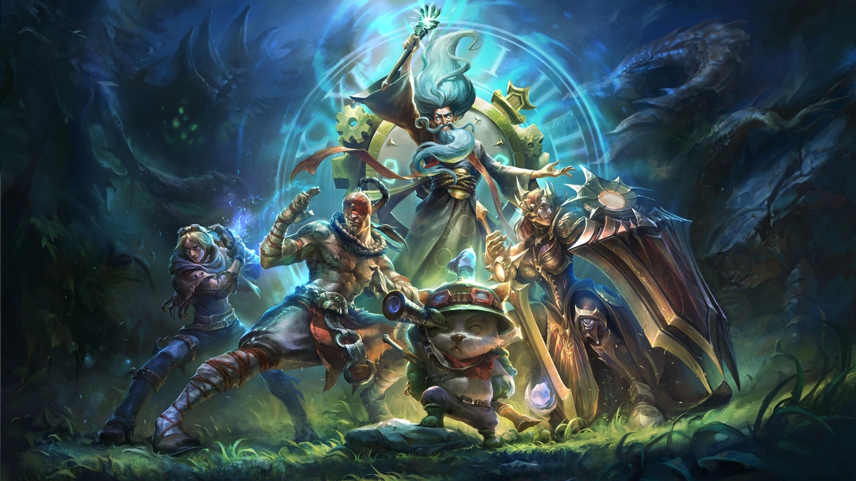 League Classic key art of champions posed in front of a glowing clock