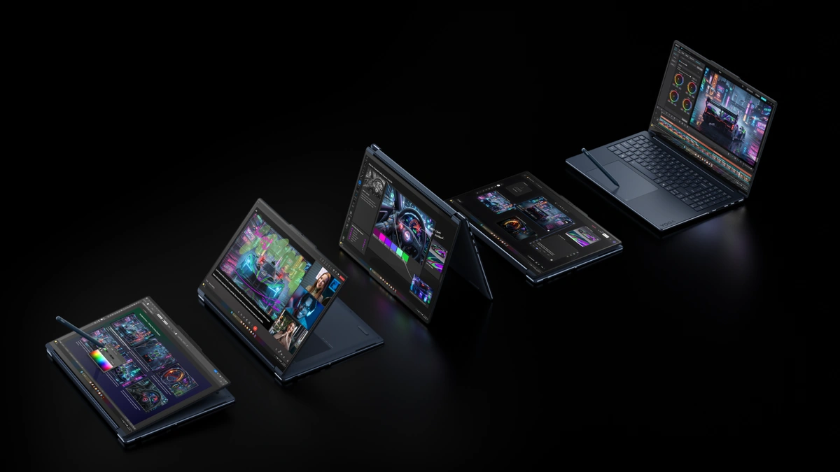 Five Lenovo Yoga 9i 2-in-1 laptops arranged showing tablet, tent, stand, and laptop hinge modes