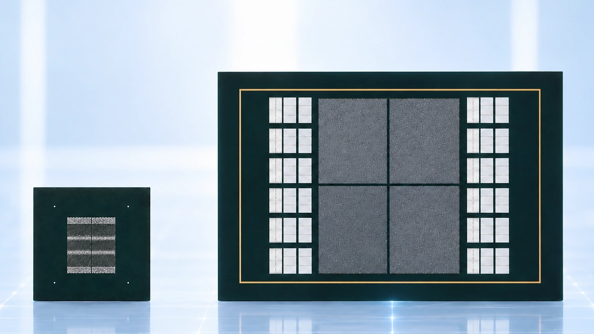 LG Innotek AI-accelerator FC-BGA substrate beside a much smaller PC FC-BGA sample on a light blue backdrop