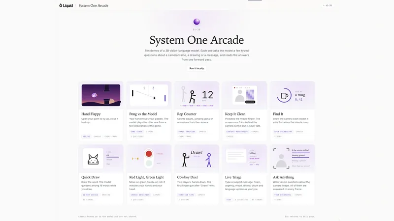 Liquid AI System One Arcade demo page with a grid of d1 model demo tiles