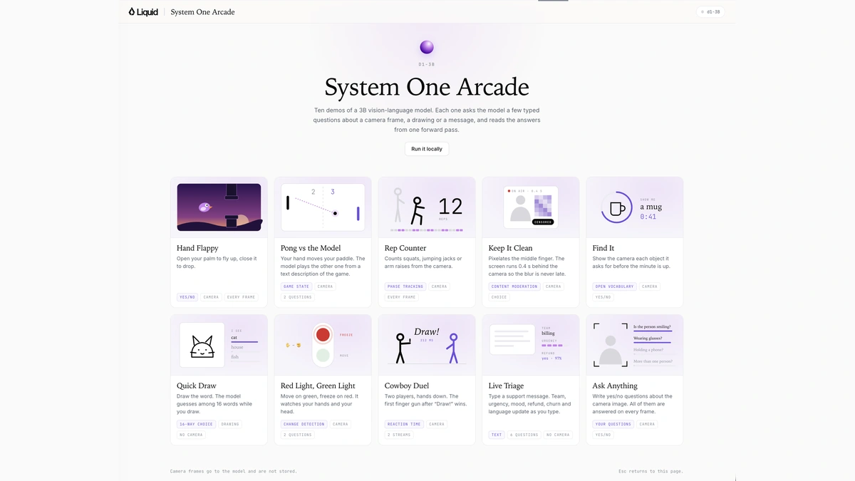 Liquid AI System One Arcade demo page with a grid of d1 model demo tiles