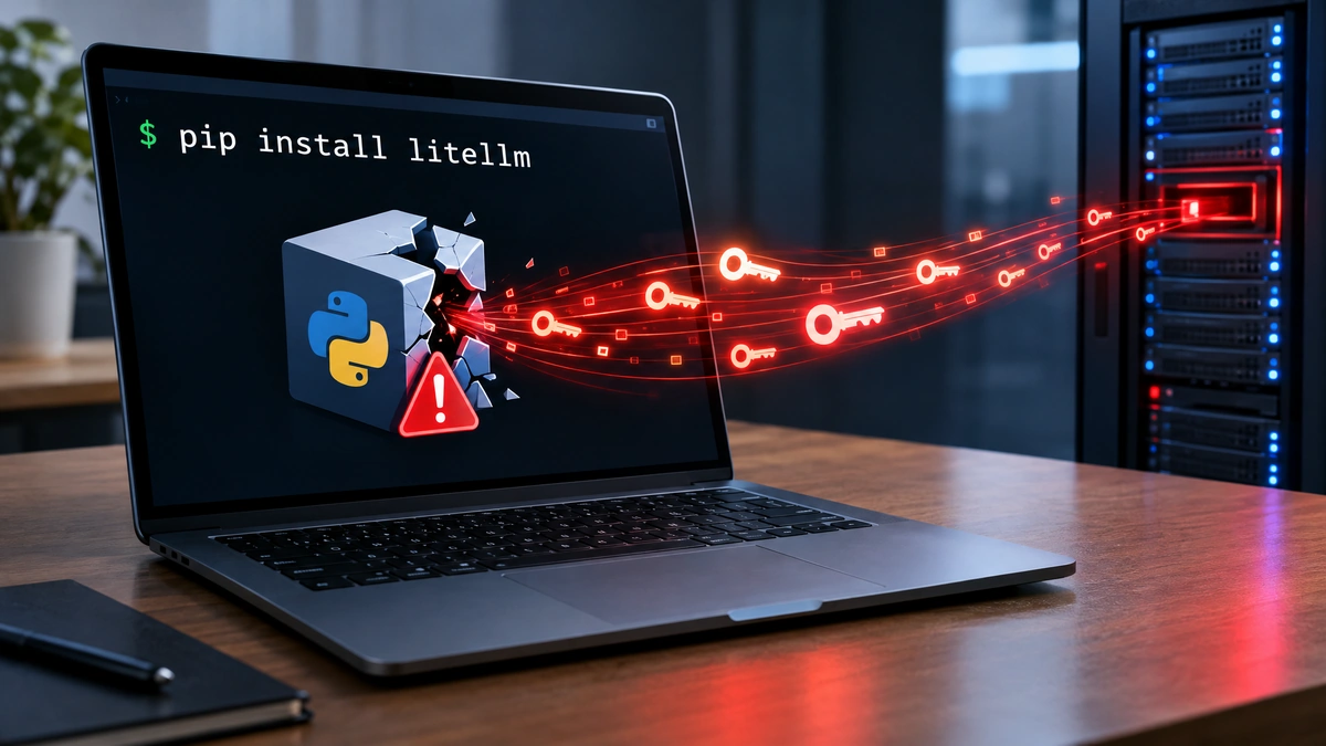 Illustration by techshooked of a laptop running pip install litellm, with red key icons streaming from the screen to a server