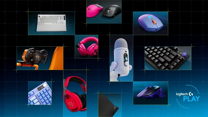 Logitech gaming gear on a blue grid: keyboards, mice, headsets, a microphone and a racing wheel