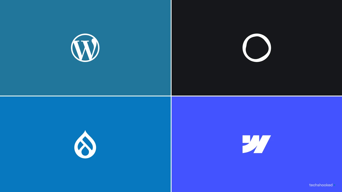 WordPress, Ghost, Drupal and Webflow CMS logos