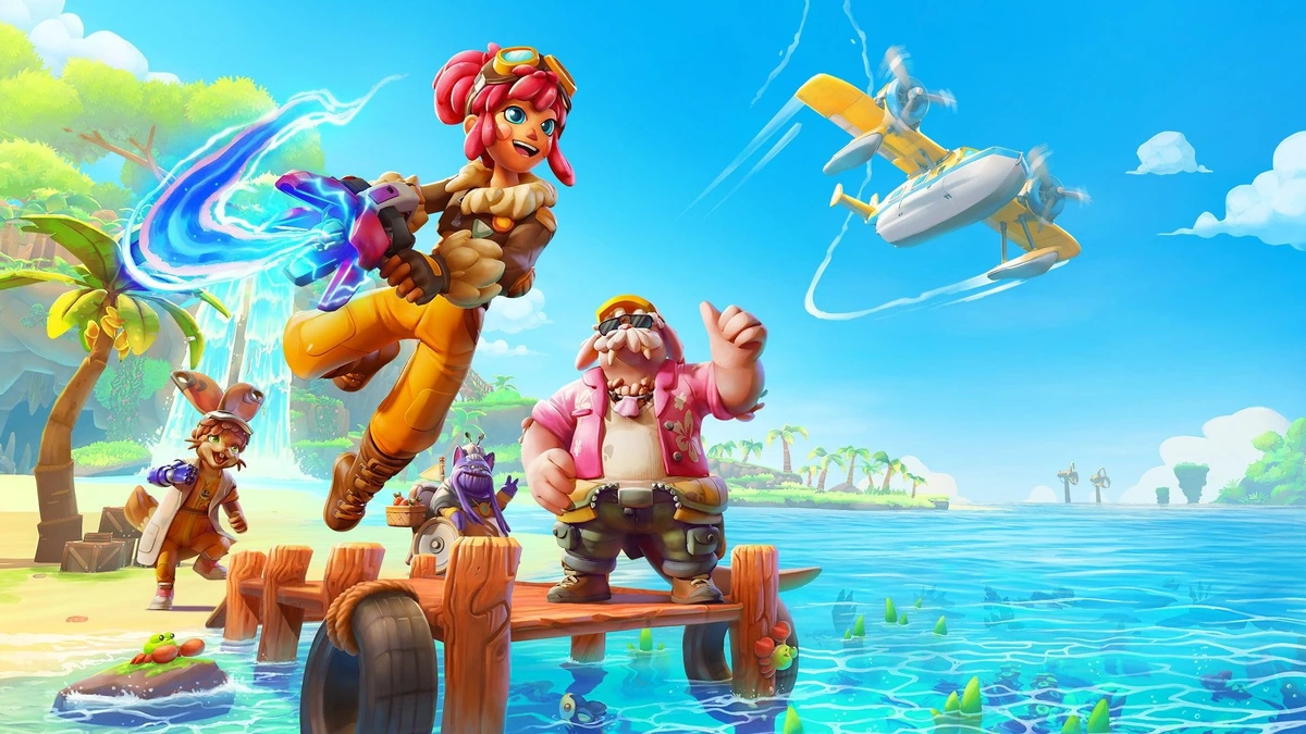 Lou's Lagoon key art with characters on a wooden dock by a tropical lagoon and a yellow seaplane overhead