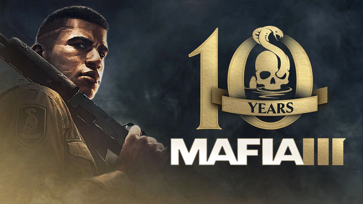 Mafia III key art of a man holding a rifle beside a gold 10 Years anniversary emblem