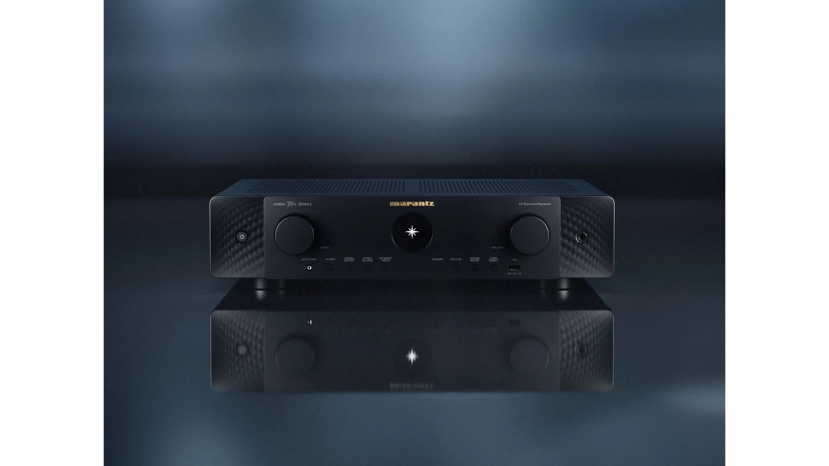 Black Marantz CINEMA 70s Series 2 AV receiver shown front-facing on a reflective surface