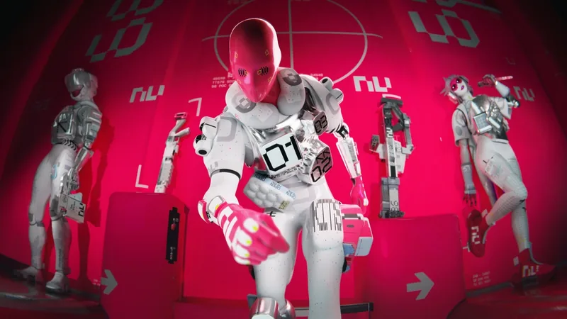 Marathon artwork of a runner shell in a bright red-and-white arena