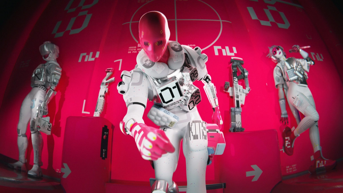 Marathon artwork of a runner shell in a bright red-and-white arena