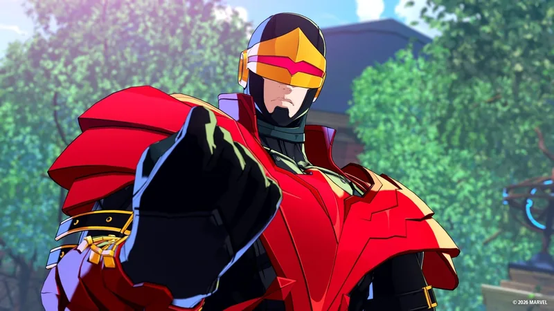 Phoenix Cyclops in MARVEL Tōkon: Fighting Souls, in a red suit and gold visor, pointing toward the viewer in a garden
