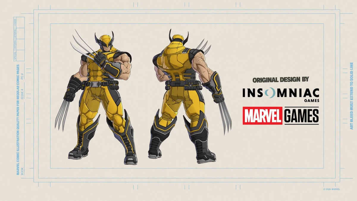 Wolverine costume design sheet for MARVEL Tokon Fighting Souls, front and back views on a blueprint background
