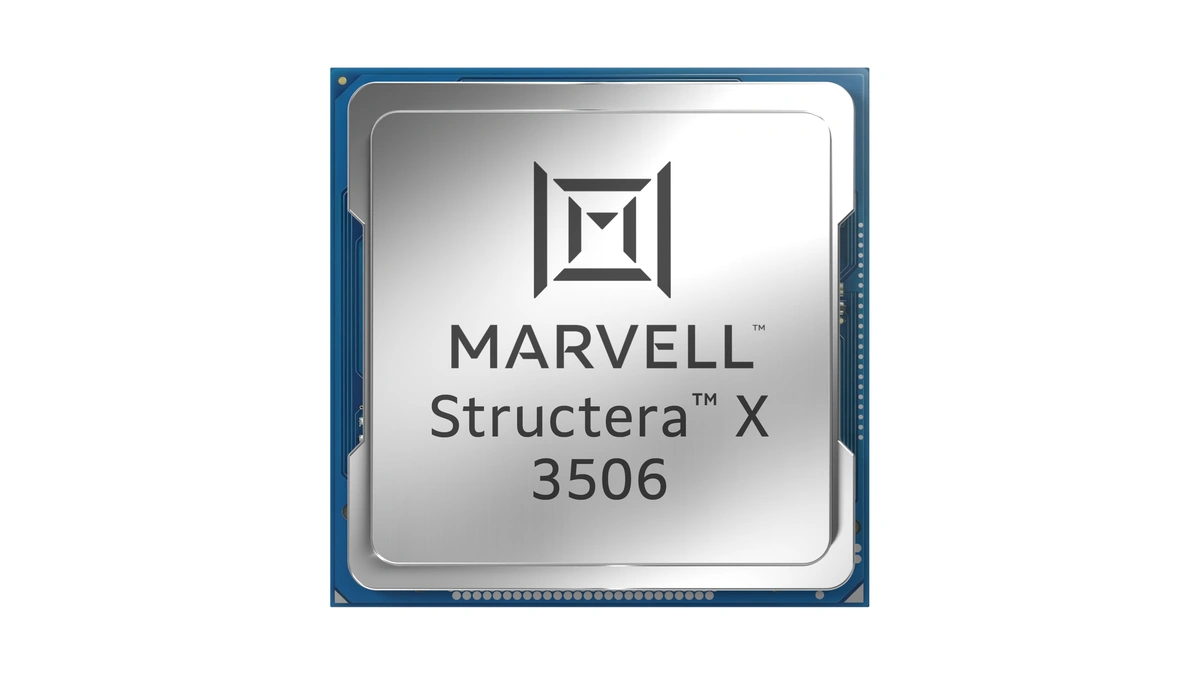 Marvell Structera X 3506 chip with a silver heat spreader on a blue package substrate, on a white background