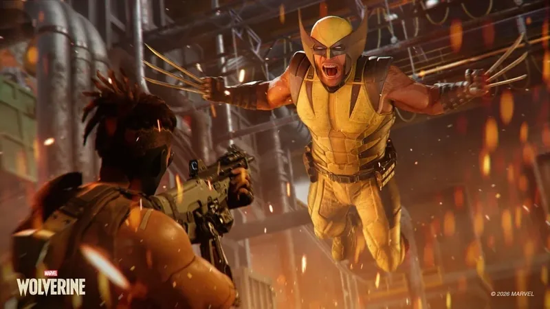 Wolverine leaps with claws extended toward an armed enemy in a sparking industrial corridor
