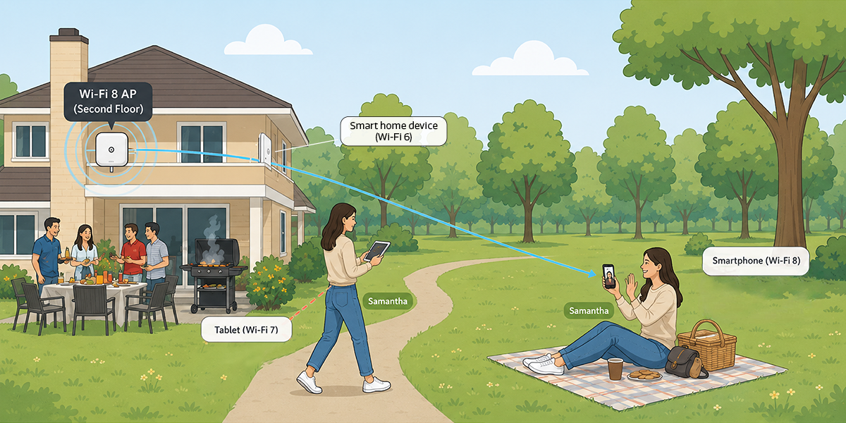 MediaTek Wi-Fi 8 illustration of a home access point with a backyard barbecue and a tablet user