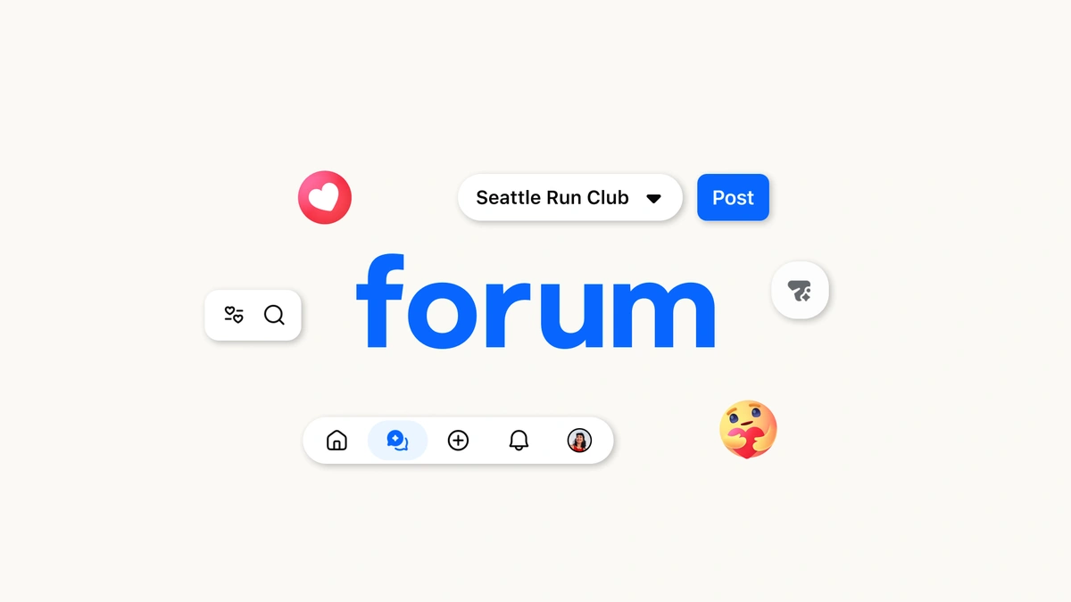 Meta Forum app logo in blue with Facebook Groups interface icons on a pale background