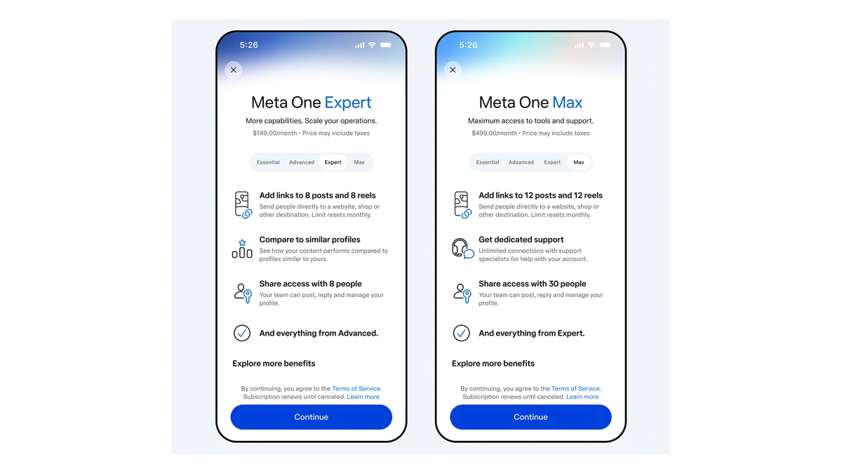Meta One Expert and Max subscription screens showing monthly prices and included features