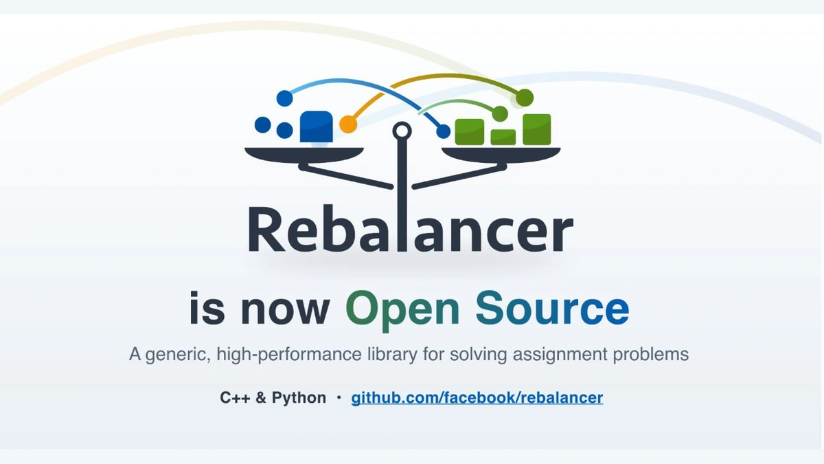 Meta Rebalancer graphic: a balance-scale symbol with blue and green blocks connected by curved lines on white