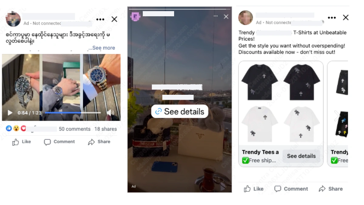 Meta examples of scam ads on Facebook, including a luxury watch video ad and a T-shirt discount ad