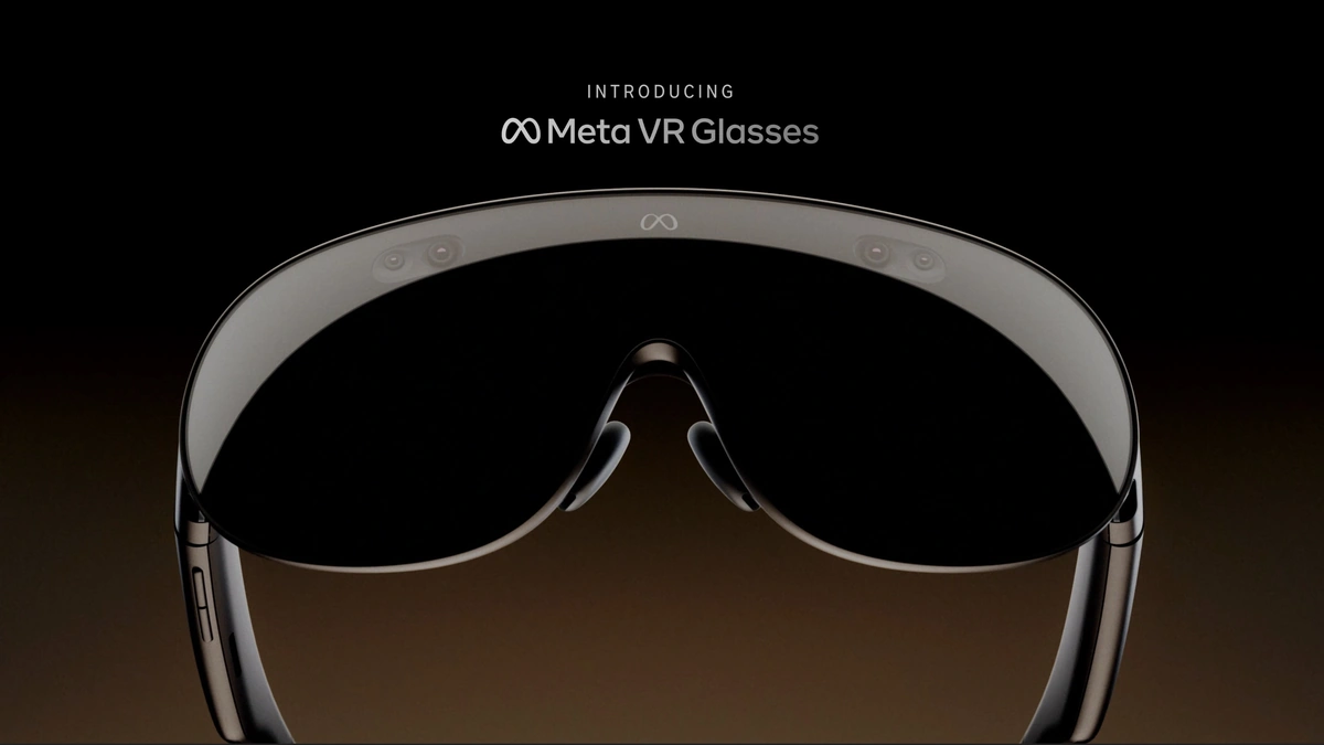 Meta VR Glasses shown front-on with a wraparound dark visor against a black and amber background
