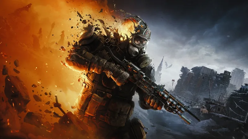 Metro Redux key art: a gas-masked soldier with a rifle amid fire and ruined buildings