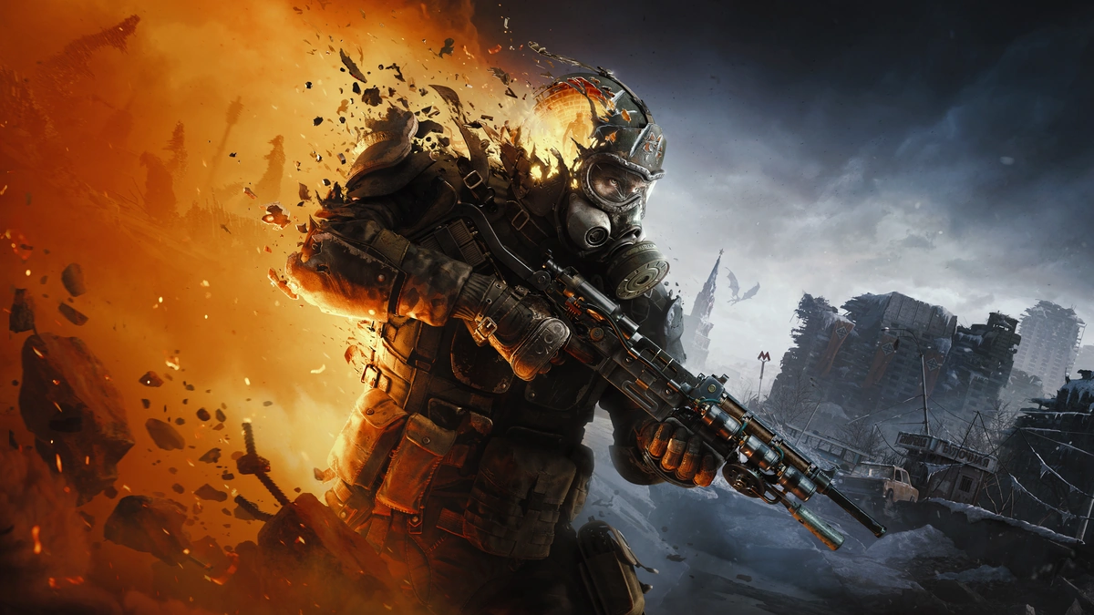 Metro Redux key art: a gas-masked soldier with a rifle amid fire and ruined buildings