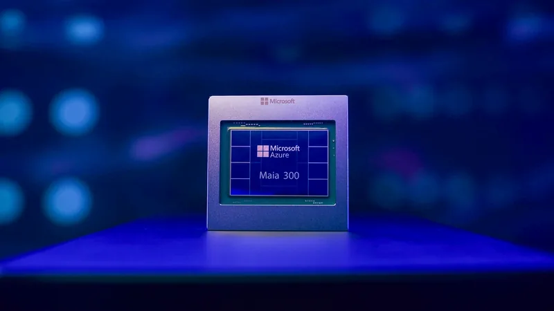 Maia 300 chip in a silver package on a dark stage under blue light