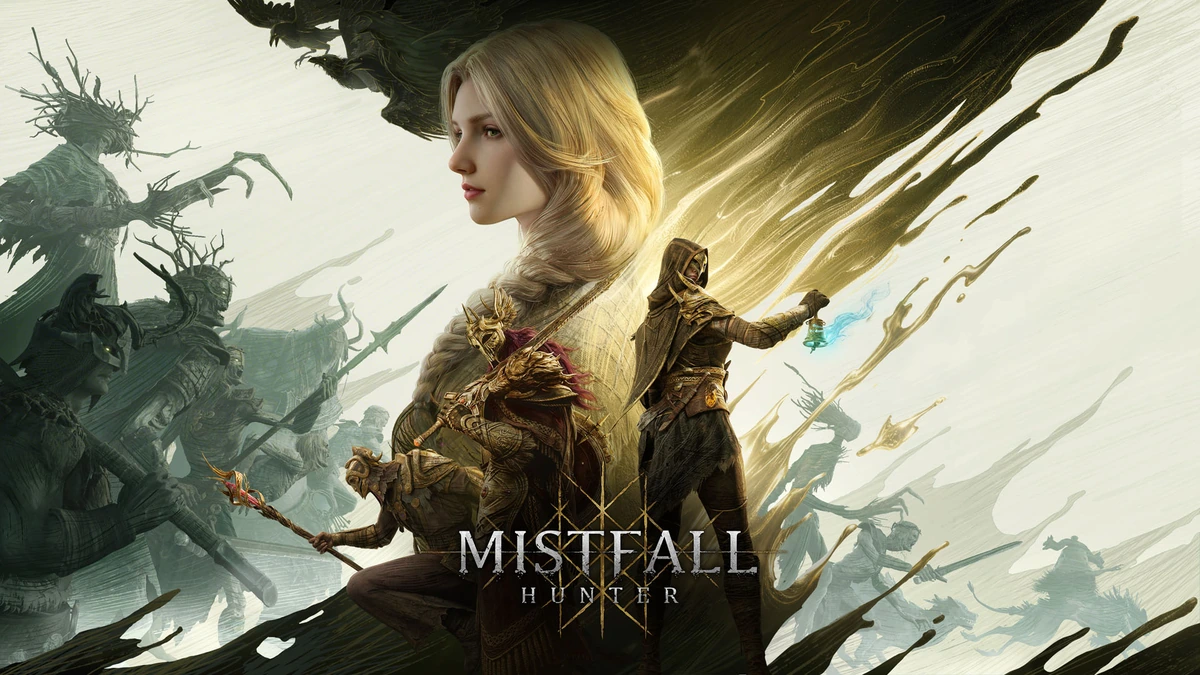 Mistfall Hunter key art: an armored blonde hunter in profile and a hooded figure with a blue lantern amid ghostly foes