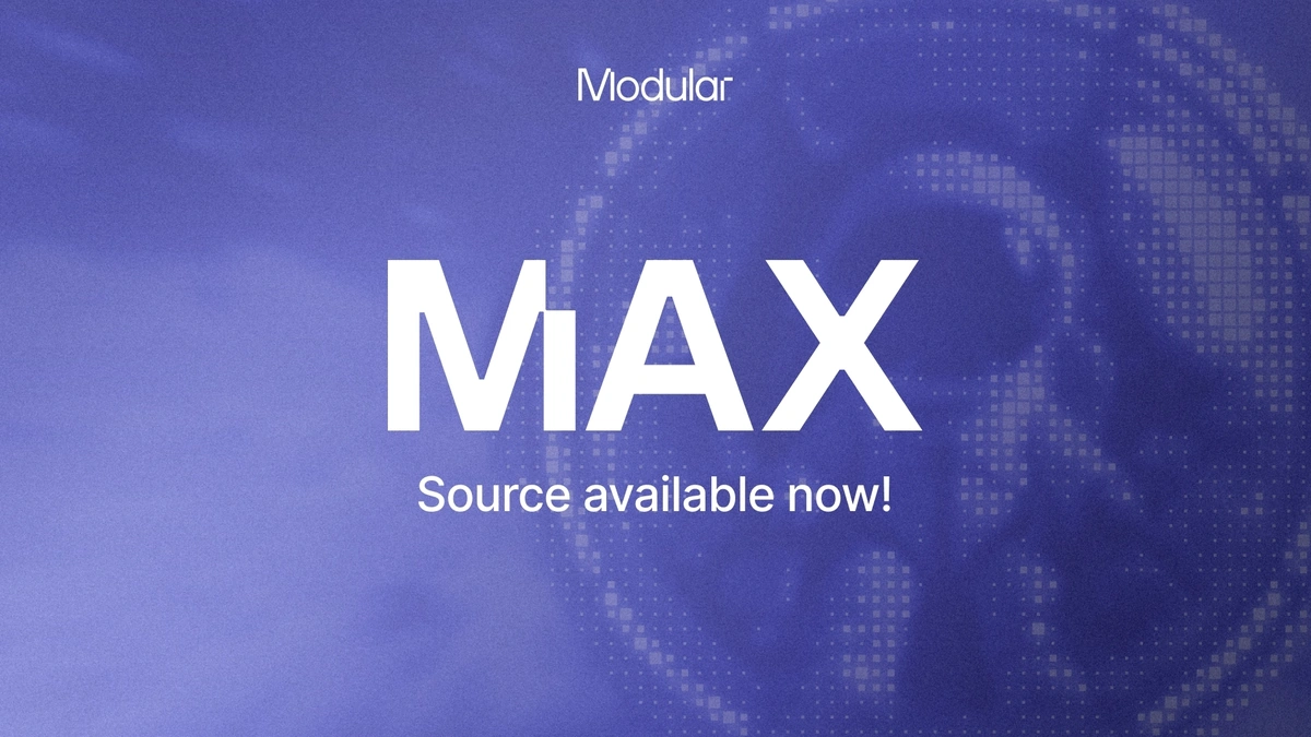 Modular MAX wordmark above the line Source available now on a purple background with a dotted pattern