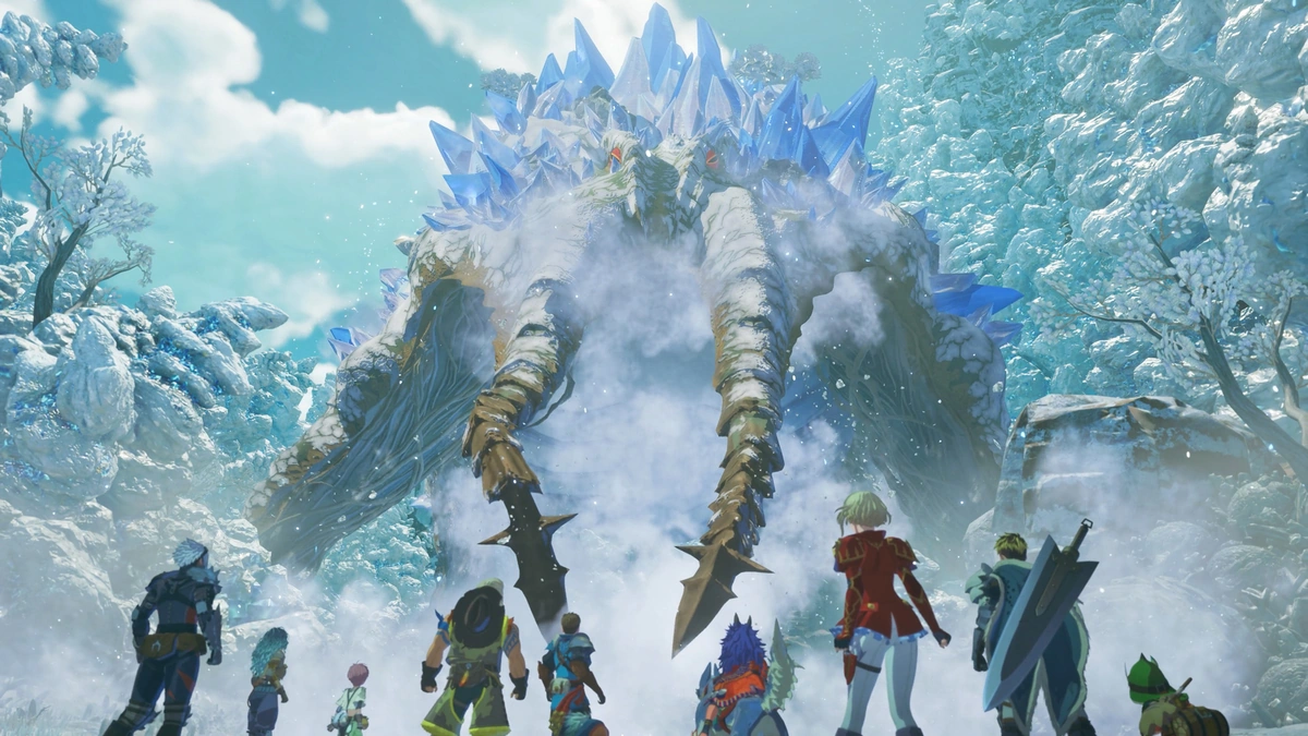 Monster Hunter Stories 3: Twisted Reflection riders facing a giant crystal-backed monster in a snowy forest