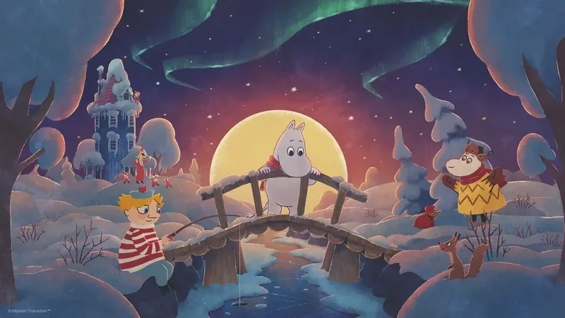 Moomintroll on a snowy bridge under an aurora, with characters fishing beside the Moominhouse tower