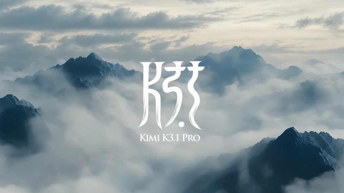 Kimi K3.1 Pro wordmark in white over misty mountain peaks