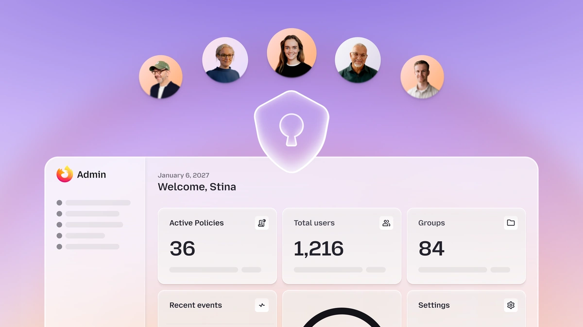 Firefox Enterprise admin console illustration with policy, user and group counts under a shield and five portrait avatars