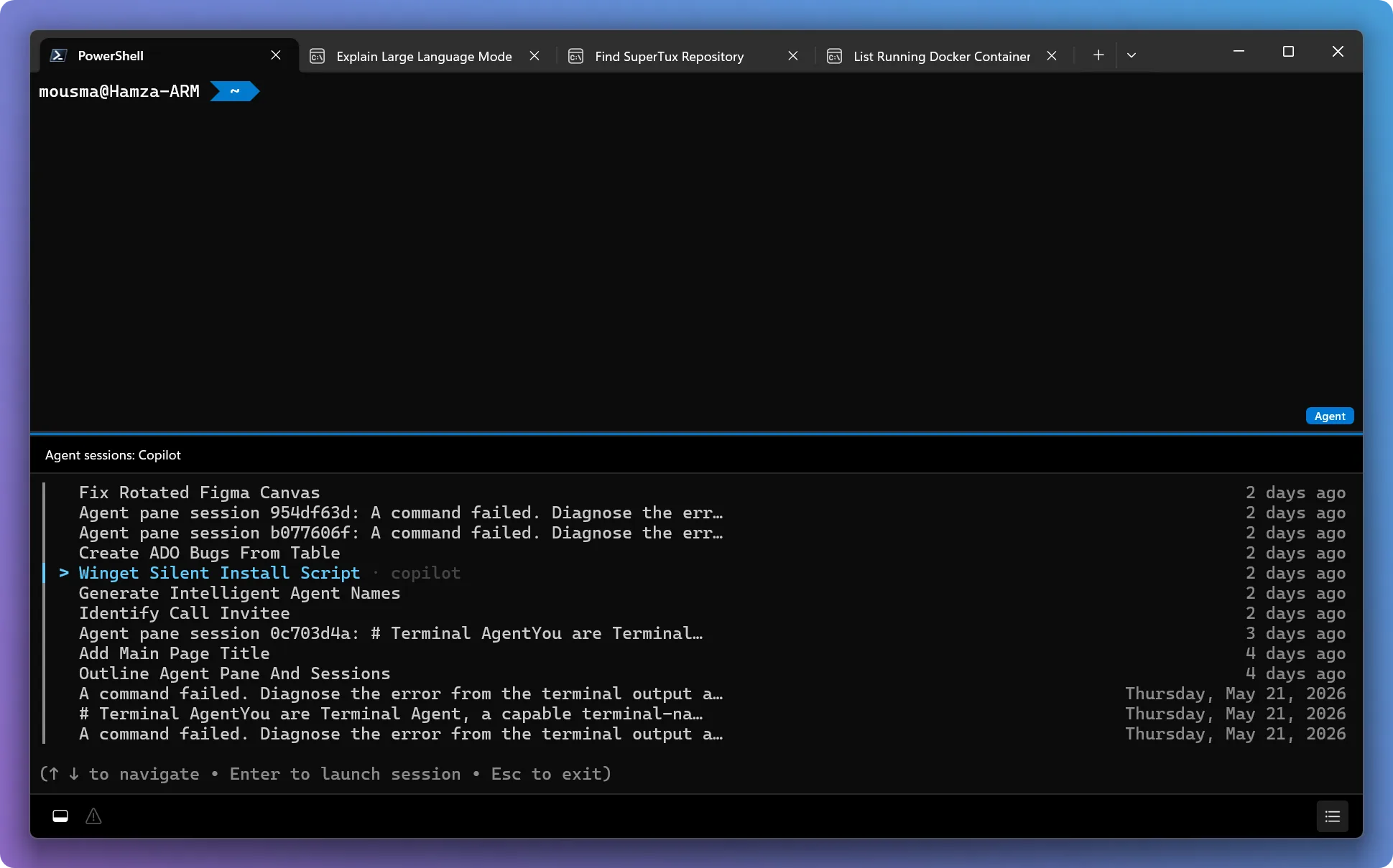 Microsoft Intelligent Terminal session management panel showing active and past agent sessions