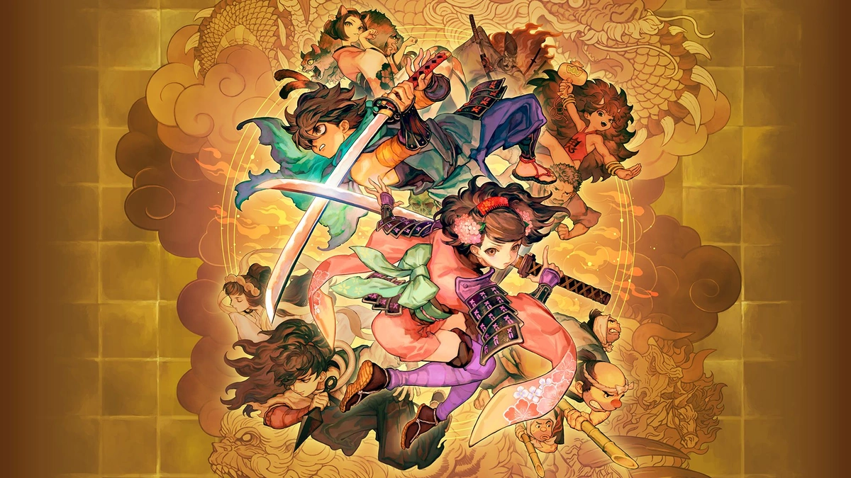 Muramasa: Revenant Blades key art of two sword-wielding heroes leaping over a golden dragon-and-cloud backdrop