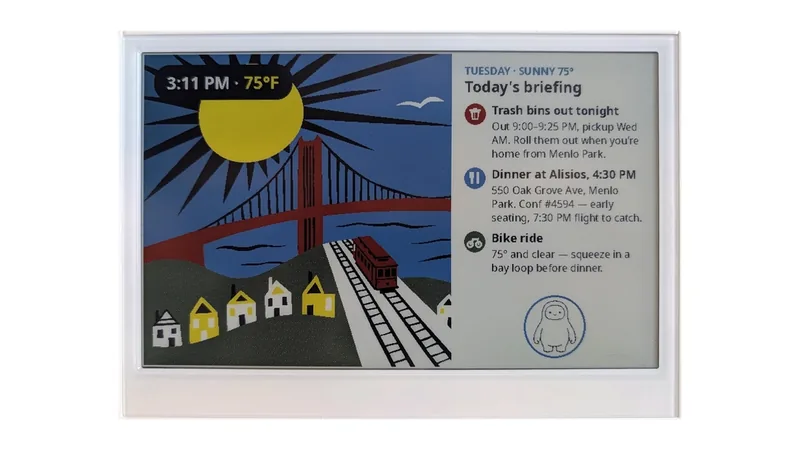 Meta's Muse Gadgets daily briefing shown on an e-paper display, with the weather and reminders