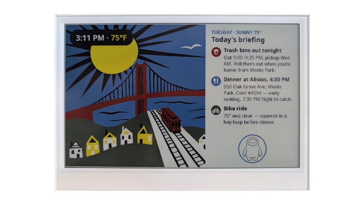 Meta's Muse Gadgets daily briefing shown on an e-paper display, with the weather and reminders