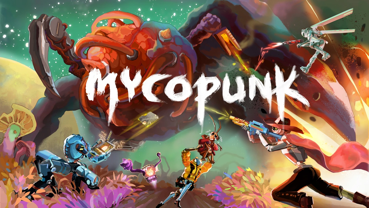 Mycopunk key art of armed characters fighting a giant red creature behind the game logo