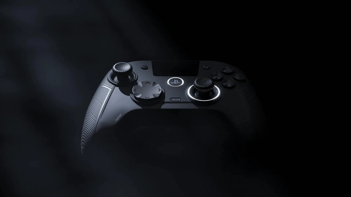 Nacon Revolution 5 Unlimited PS5 controller in black against a dark background