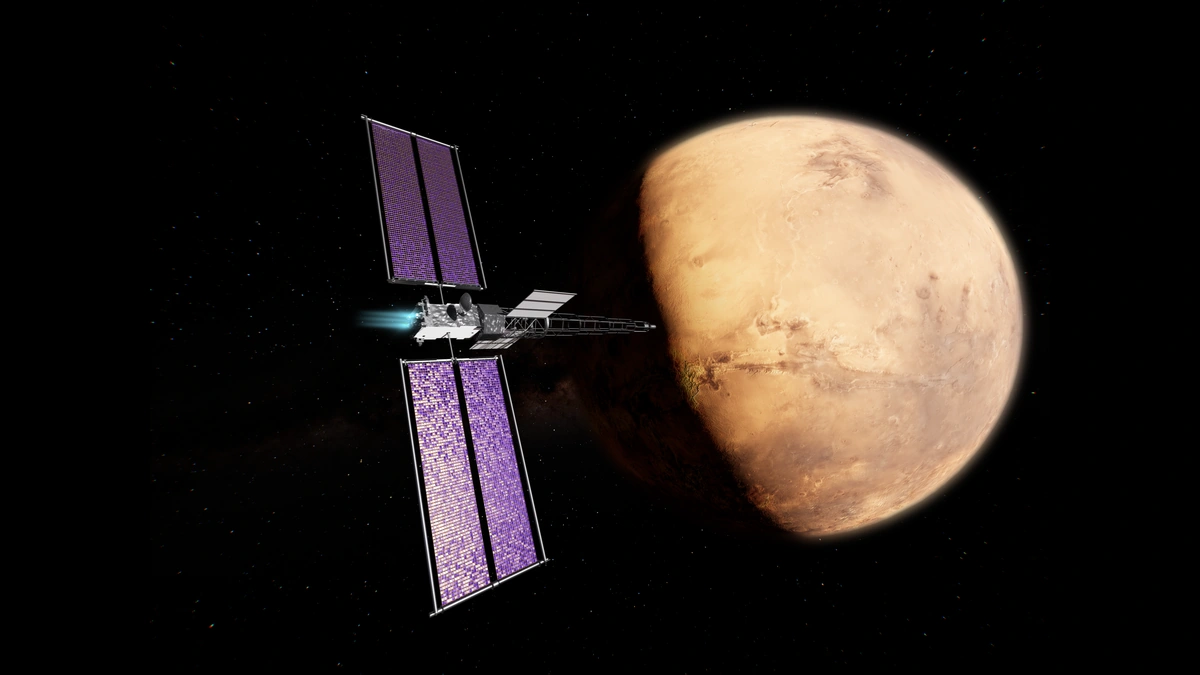 NASA concept art of a nuclear-powered spacecraft with long radiator panels approaching Mars